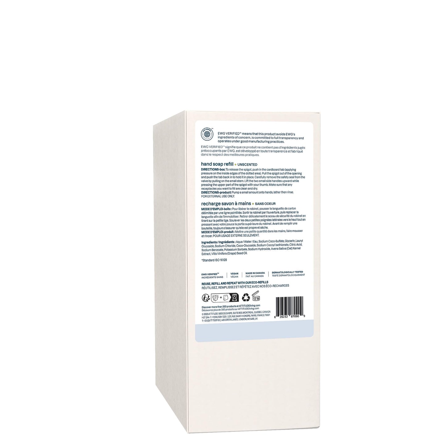 ATTITUDE Gentle Hand Soap for Sensitive Skin, Made in Canada, EWG Verified, Enriched with Oats, Dermatologically Tested, Vegan, Unscented, Bulk Refill, 2 Liters 🍁 All In One Marketplace Canada