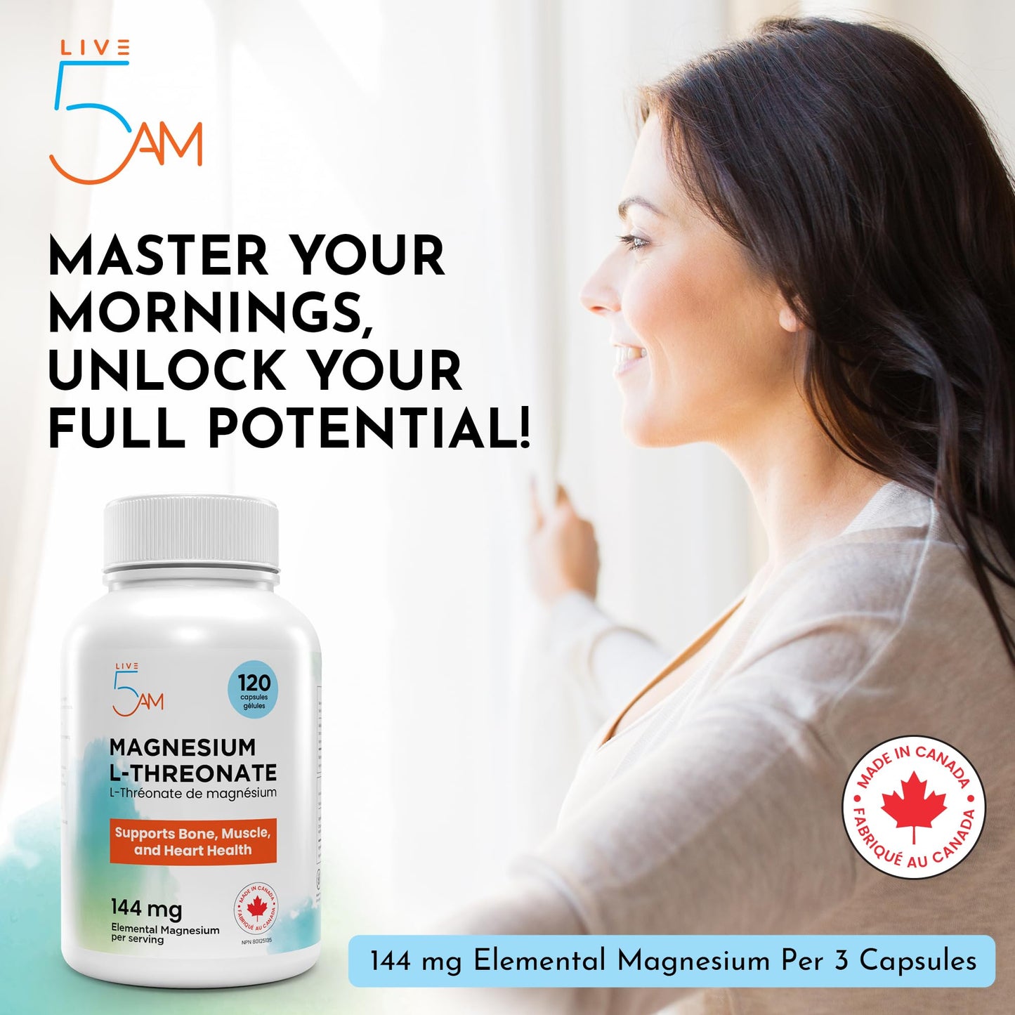 Live 5AM Magnesium L-Threonate | 144 mg Elemental Magnesium per 3 Capsules, Helps in Energy Metabolism, Bone and Teeth Maintenance, Muscle Function and Electrolyte Balance, 120 Vegan Capsules, Made in Canada 🍁 All In One Marketplace Canada