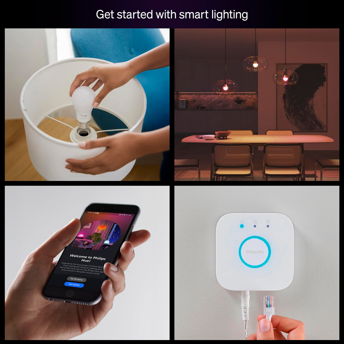 Philips Hue Essential Starter Kit: Bridge + 4 Essential E26 Smart Bulbs, White and Color Ambiance, 2200K-6500K, Dimmable, Works with Alexa, Google Assistant, Samsung SmartThings, Apple Home 🍁 All In One Marketplace Canada