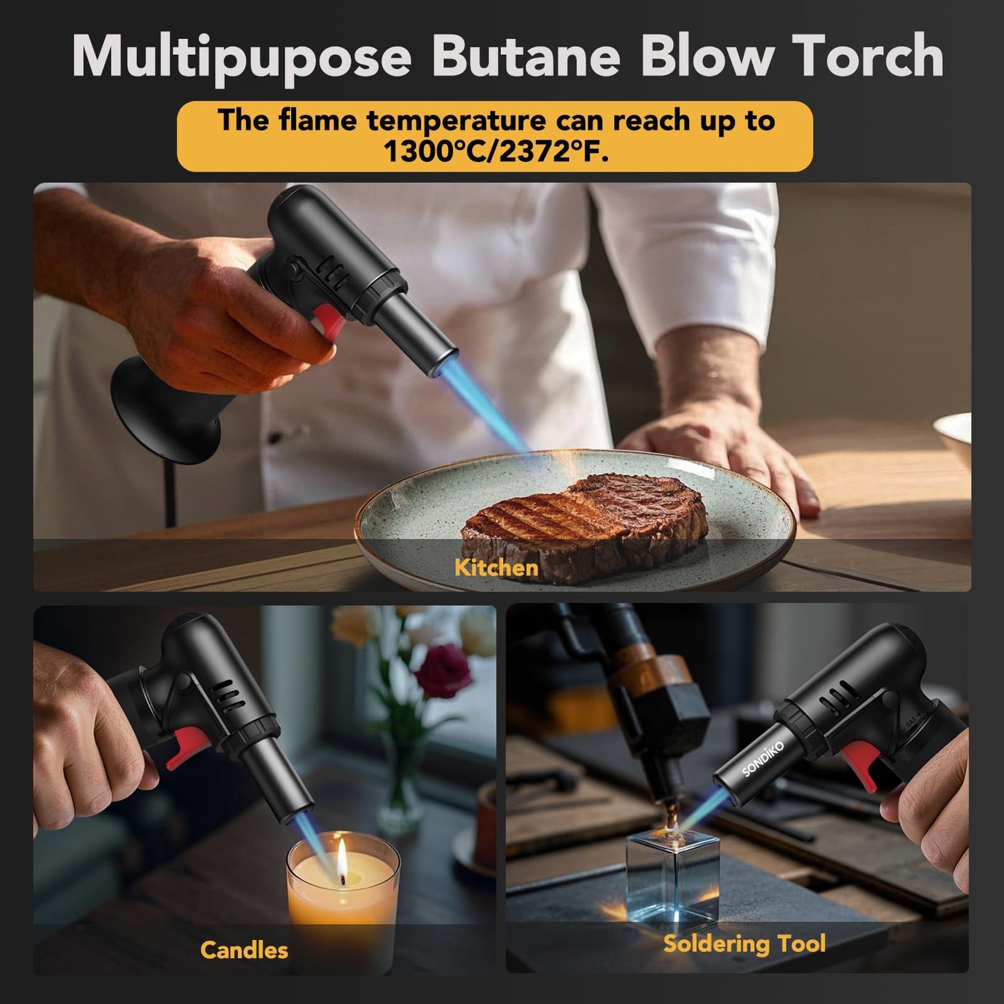 Sondiko Blow Torch with Fuel Gauge, Refillable Butane Torch Lighter with Safety Lock and Adjustable Flame, One-Handed Operation, Fit All Butane Tanks Kitchen Torch 🍁 All In One Marketplace Canada