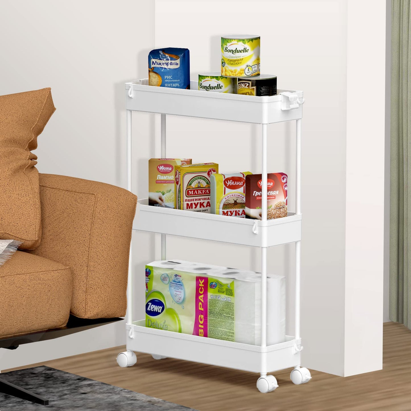 SPACELEAD Slim Storage Cart,3 Tier Bathroom Rolling Utility Cart Storage Organizer Slide Out Cart, Mobile Shelving Unit Organizer Trolley for Office Bathroom Kitchen Laundry Room Narrow Places, White 🍁 All In One Marketplace Canada