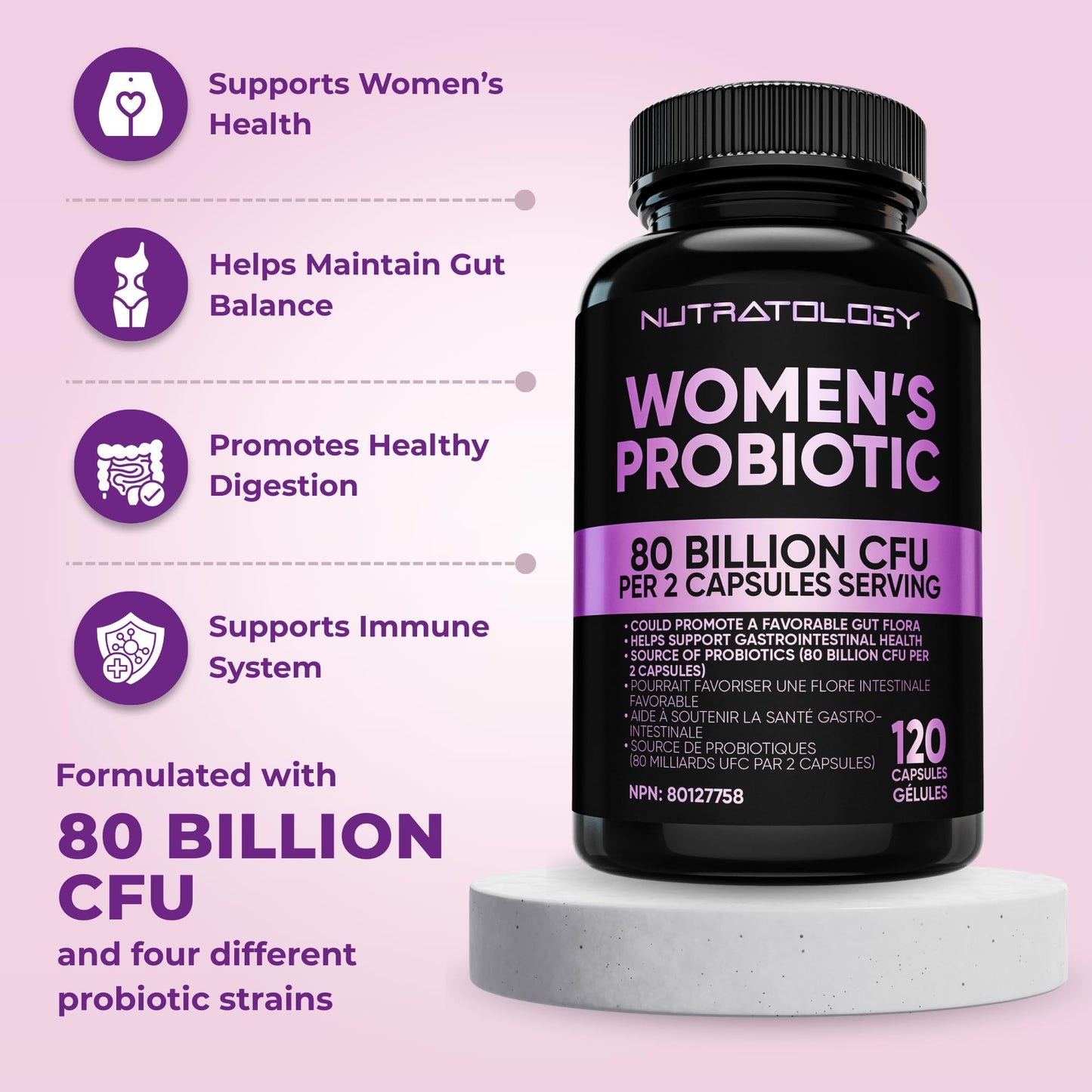 Nutratology® Probiotics for Women | Canadian-Made | 40 Billion CFUs Per Capsule | 80 Billion CFUs Per Serving - Bloating Relief & Digestion - 4 Strains of Women's Probiotic for Gut Health -120 Count 🍁 All In One Marketplace Canada