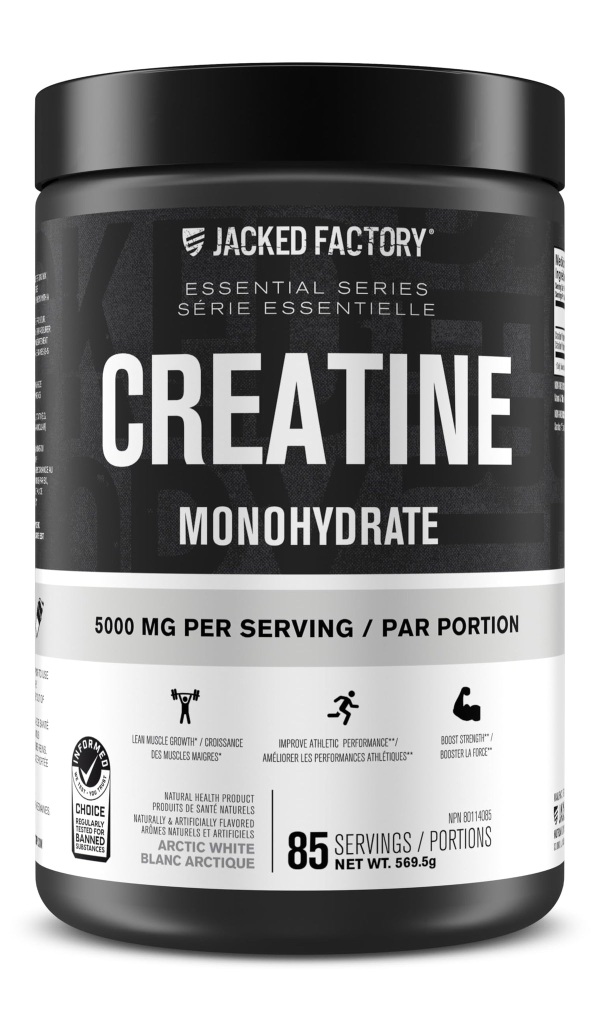 Jacked Factory Creatine Monohydrate Powder - Canadian-Owned Informed Choice Certified Supplement for Increased Muscle Mass*, Improved Strength, Power, & Performance** - 85 Servings, Arctic White 🍁 All In One Marketplace Canada