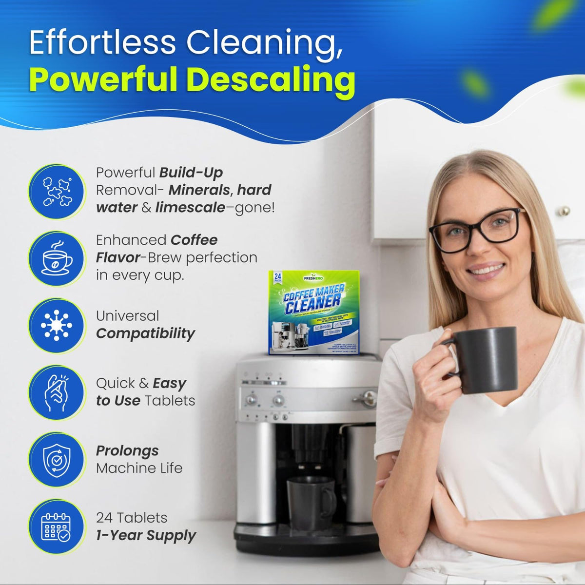 Freshero Coffee Machine Cleaner & Descaler Tablets – 24 Count, Compatible With Keurig, Breville, Ninja, Delonghi, Miele & Espresso Machines, Universal Cleaning Tabs for Coffee Maker Pots (24.0) 🍁 All In One Marketplace Canada