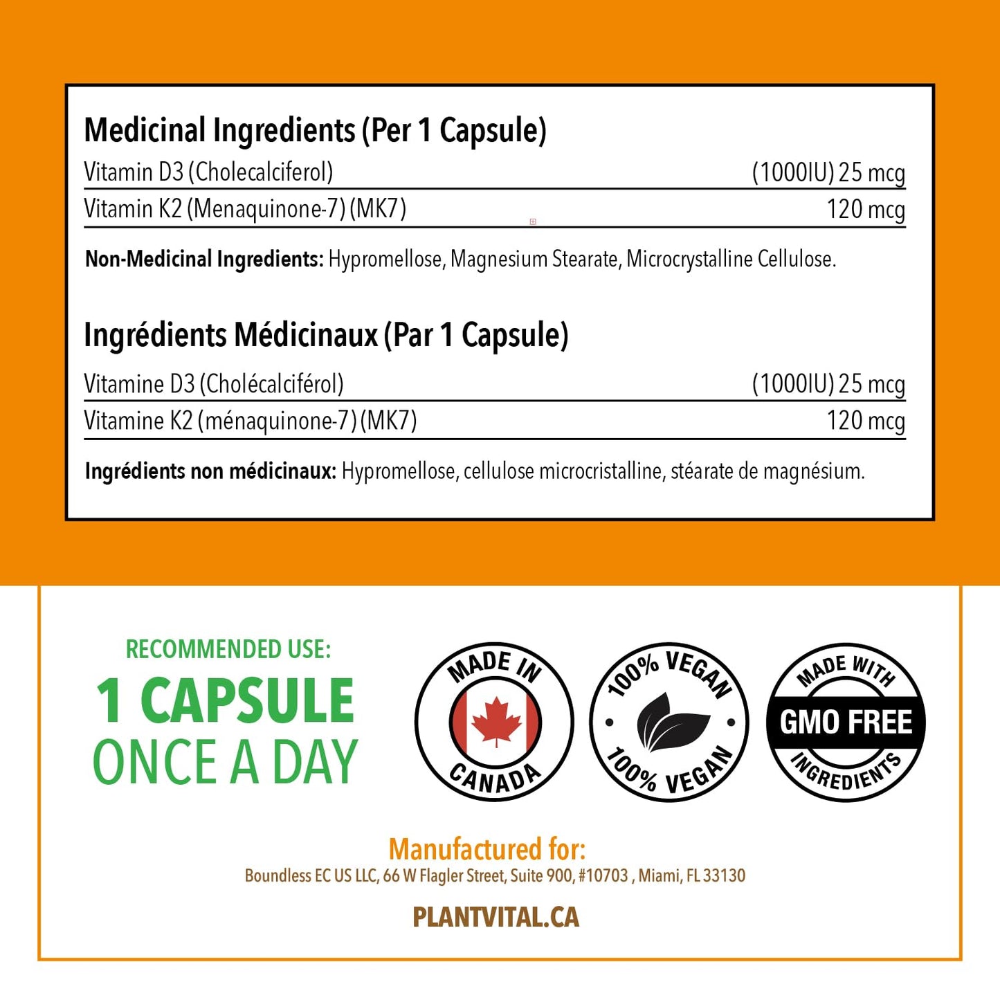 PlantVital High-Potency Vegan Vitamin D3 + K2 -Made in Canada - (1000IU /25 mcg + 120 mcg) for Bones, Teeth and Immune System - Patented MK7 Form - K2 D3 vitamin - 4 Months Supply - 120 Capsules. 🍁 All In One Marketplace Canada