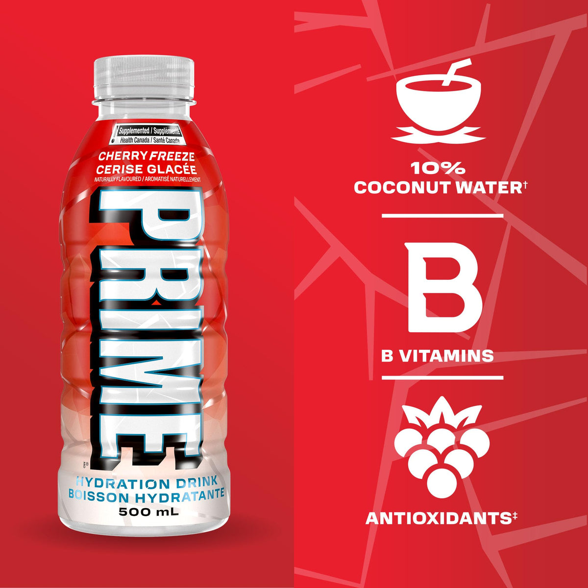 PRIME Hydration CHERRY FREEZE | Sports Drinks | Electrolyte Enhanced | B Vitamins | Antioxidants | 2g of Sugar | 500 mL | 12 Pack 🍁 All In One Marketplace Canada