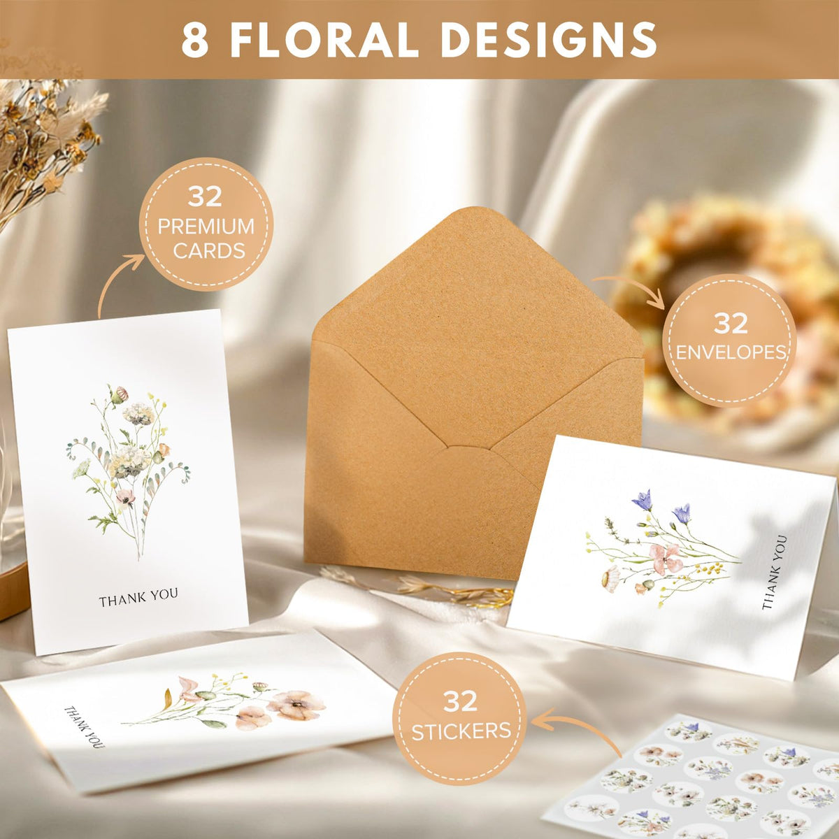 Thank You Cards with Envelopes - 32 Pack Wildflower Blank Cards With Adhesive Envelopes & Matching Stickers Perfect for Wedding, Bridal Showers, Baby Showers,Birthday, All Occasion 🍁 All In One Marketplace Canada