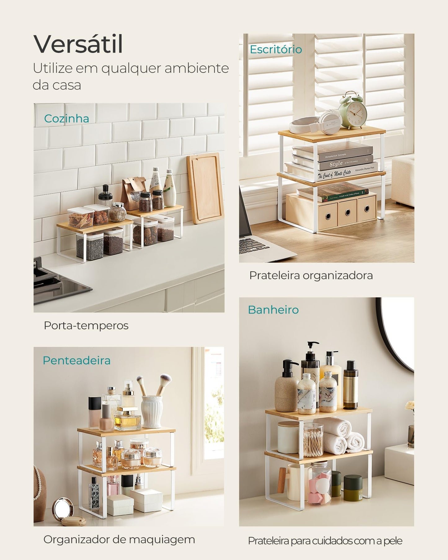 SONGMICS Cabinet Organizer Shelf, Set of 2 Kitchen Counter Shelves, Kitchen Storage, Spice Rack, Stackable, Expandable, Metal and Engineered Wood, Cloud White and Natural Beige UKCS02NW 🍁 All In One Marketplace Canada