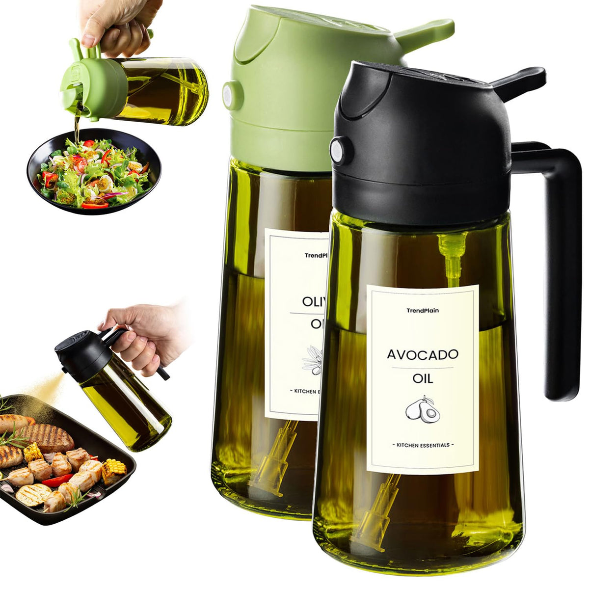 TrendPlain 470ml Olive Oil Dispenser Bottle for Kitchen Gadgets - 2 in 1 Dispenser and Sprayer - Olive Oil Spray Bottle w/Stickers (Light Blockage) - BPA Free - Black&Green 🍁 All In One Marketplace Canada