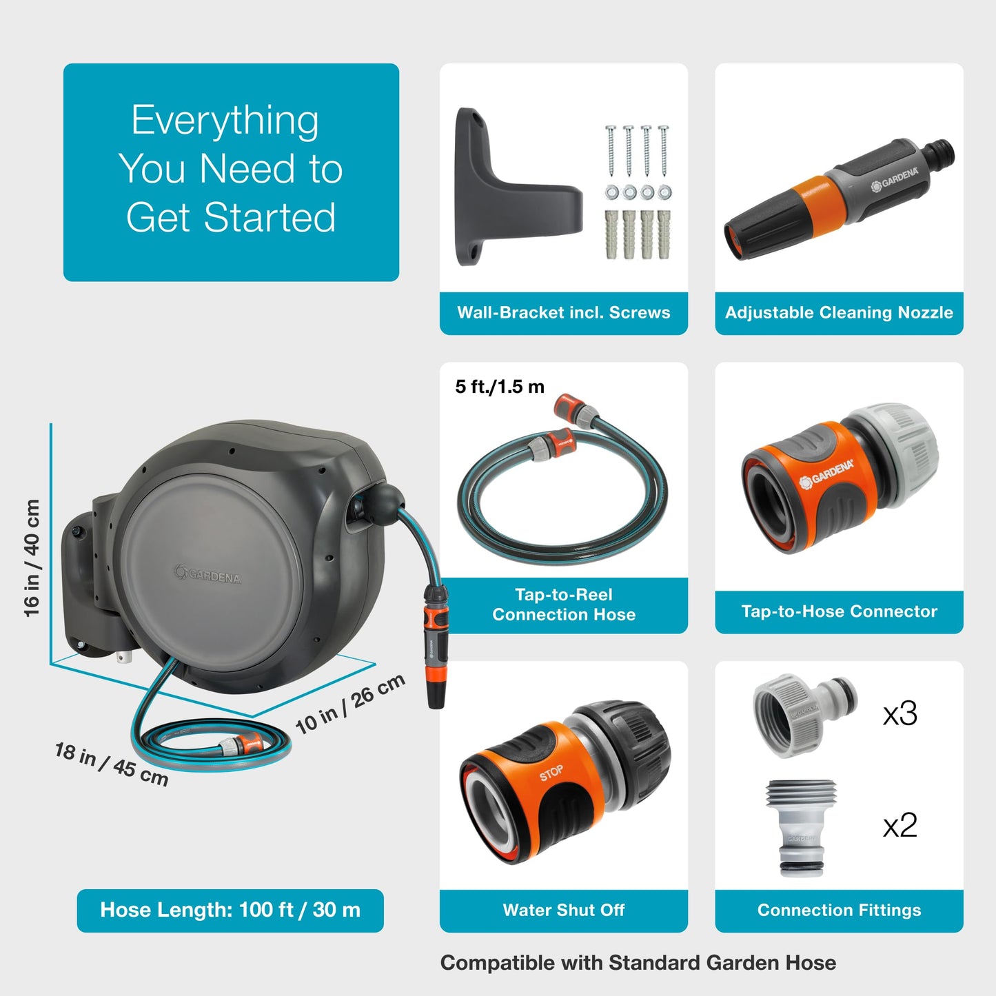 GARDENA 20505-80, 100 Foot Wall Mounted Retractable Reel with Hose Guide, Automatic retraction for Easy Watering,1/2" Hose. 🍁 All In One Marketplace Canada