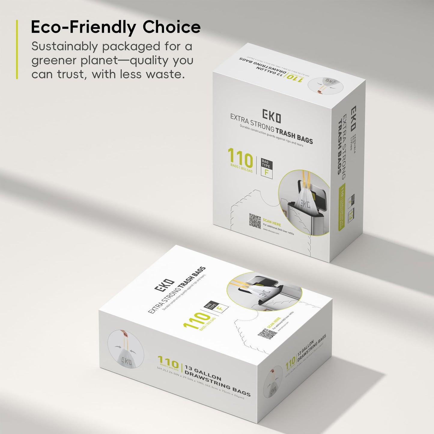 EKO 13 Gallon / 40-60 Liter Drawstring Trash Bags, Extra-Strong Unscented Garbage Bags, 60 Count Easy-Dispense Roll for Kitchen & Household Use, Leak-Resistant, Code F, White 🍁 All In One Marketplace Canada
