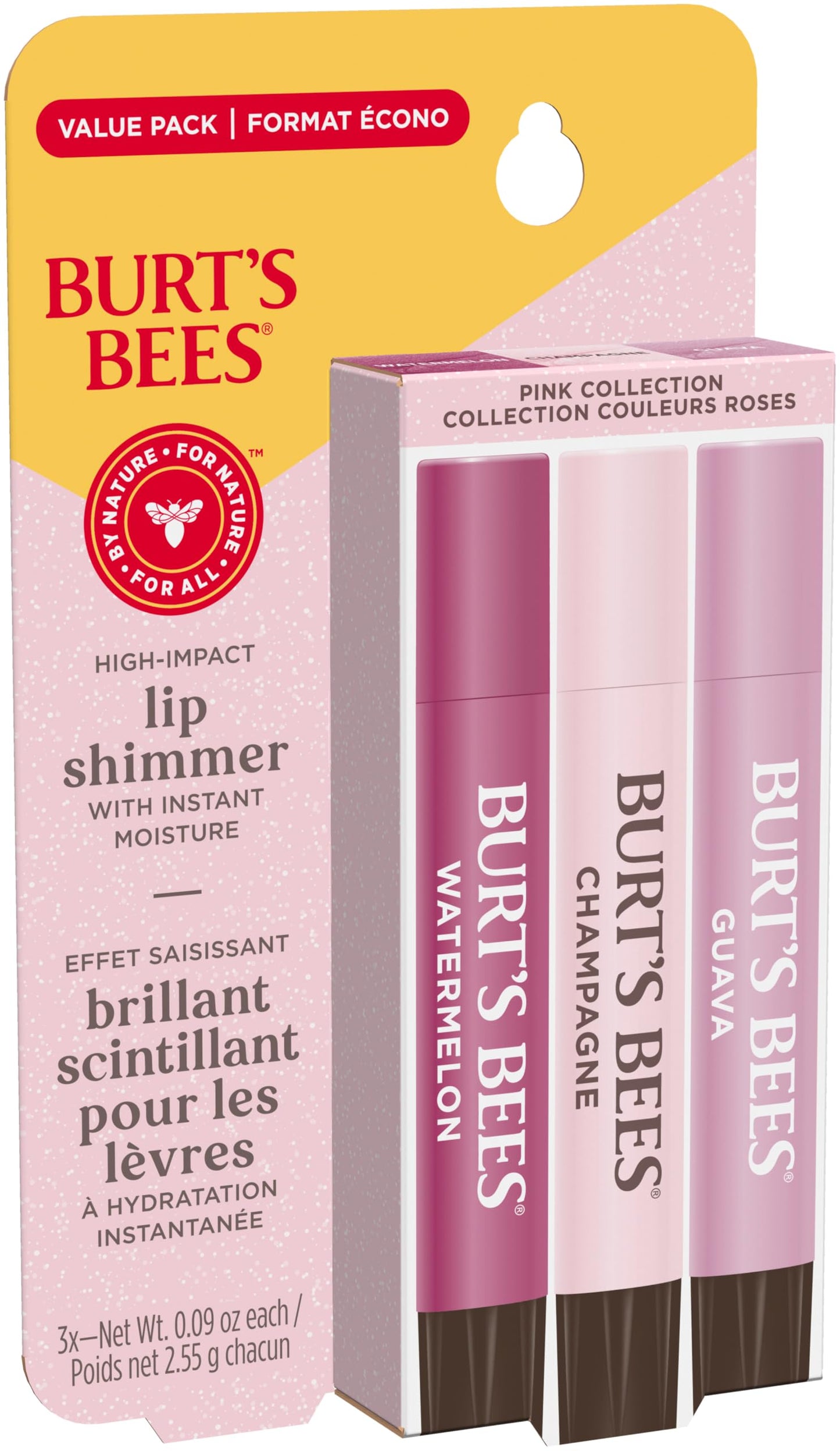 Burt's Bees Lip Shimmer, 100% Natural Origin Lip Gloss, Tinted Lip Colour | Get Soft and Hydrated Lips | Pack of 3 - (Pink) Champagne, Watermelon, Guava 🍁 All In One Marketplace Canada