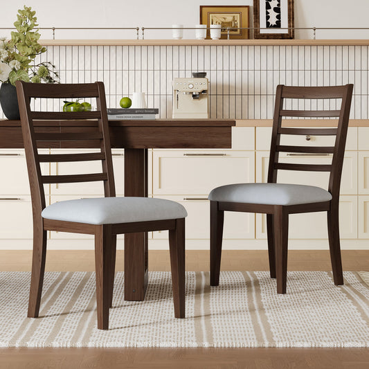 Farmhouse Ladder Back Dining Chairs Set of 2, Upholstered Rubber Wood, Beige and Walnut (United States Delivery Only)