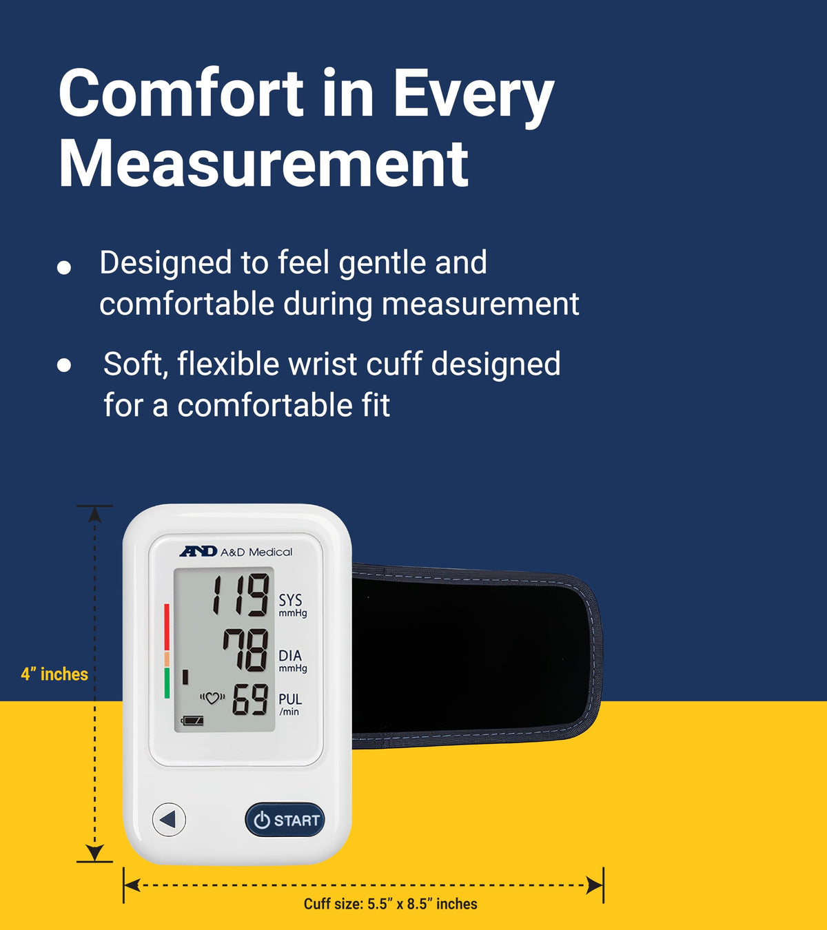 A&D Medical Wrist Blood Pressure Monitor for Home Use - UB-525CN, BP Adjustable Cuff (5.3-8.5"/13.5-21.5 cm) One Button Operation, 60 Reading Memory, FSA/HSA Eligible, 2 AAA Batteries 🍁 All In One Marketplace Canada