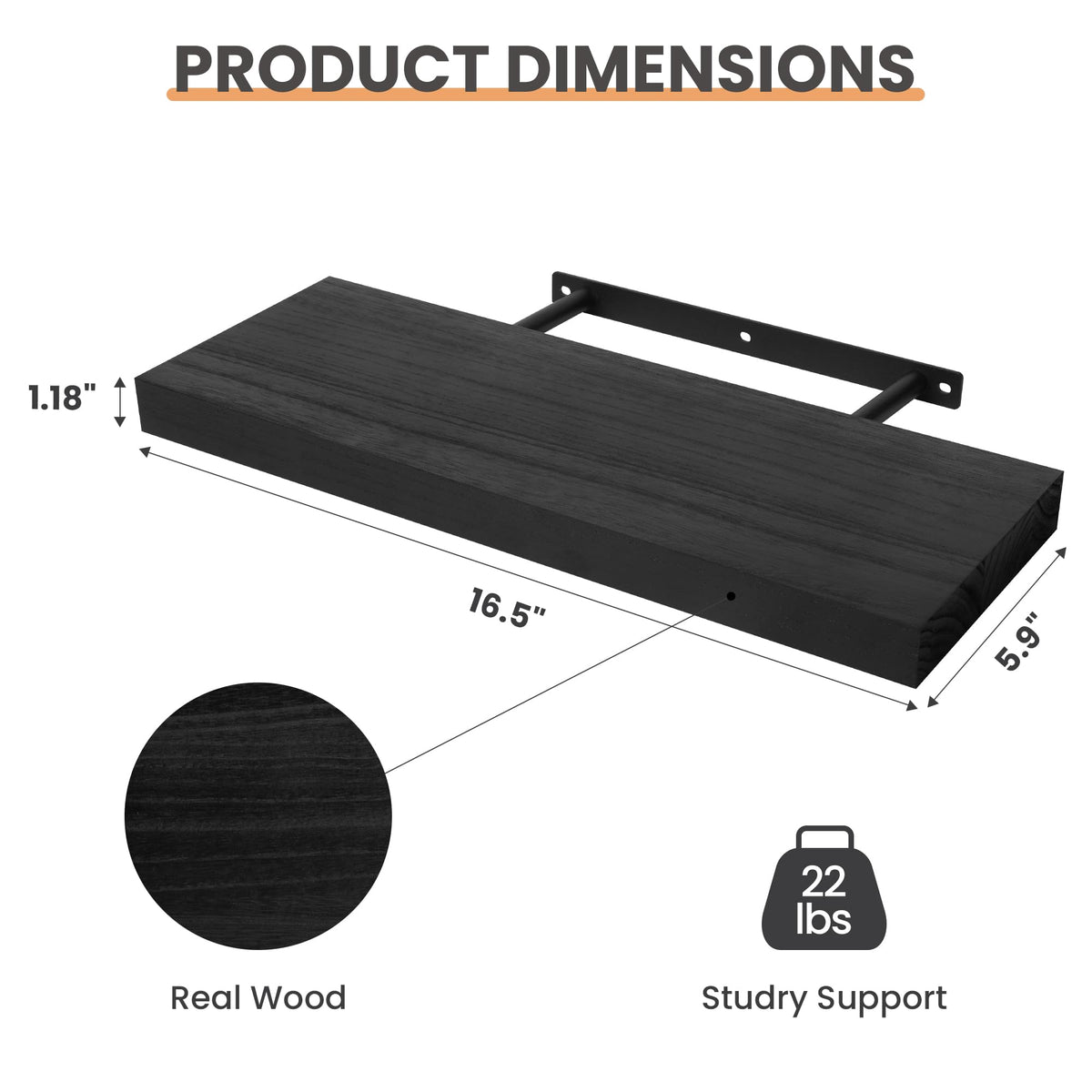 upsimples 16.5" L Black Wooden Floating Shelves with Invisible Brackets, Wall Mounted Modern Wood Shelves Set of 3, for Bathroom Bedroom 🍁 All In One Marketplace Canada