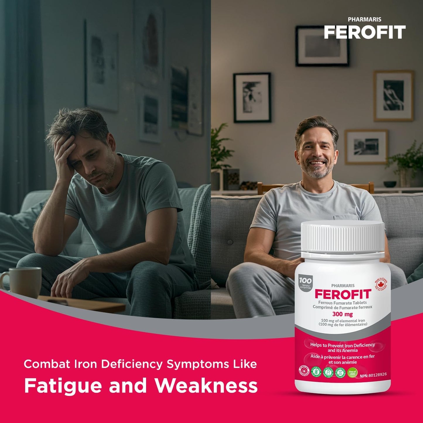 Pharmaris Ferofit - Ferrous Fumarate 300mg (100mg Elemental Iron), Prevents Anemia Due to Deficiency, Iron Supplements for Women & Men, 100 Tablets 🍁 All In One Marketplace Canada
