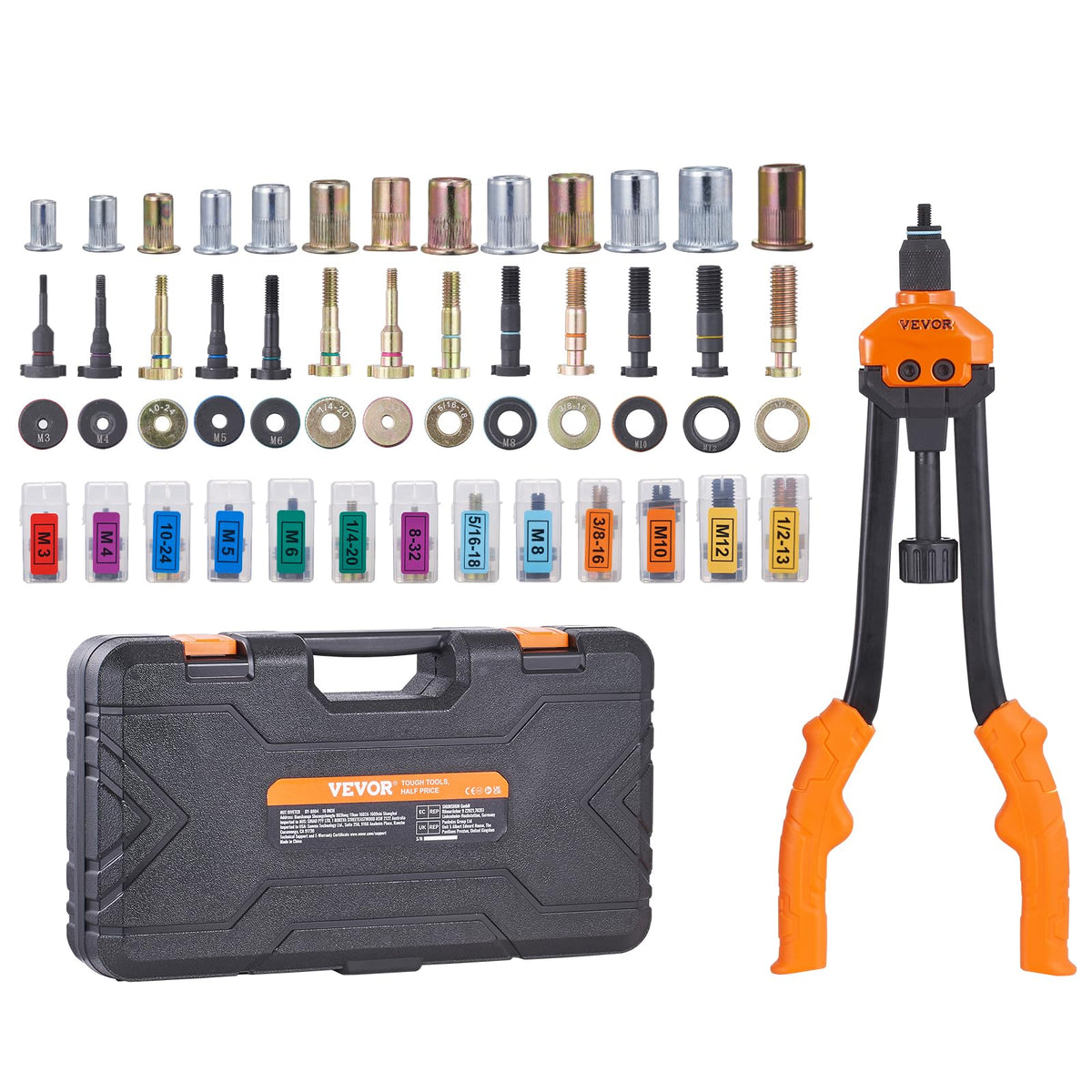 VEVOR 16" Rivet Nut Tool, Labor-Saving Rivnut Tool Kit with 13PCS Metric & SAE Mandrels, 186PCS Rivet Nuts,M3, M4, M5, M6, M8, M10, M12, 1/4-20, 5/16-18, 3/8-16,1/2-13, 8-32, 10-24 with Carrying Case 🍁 All In One Marketplace Canada