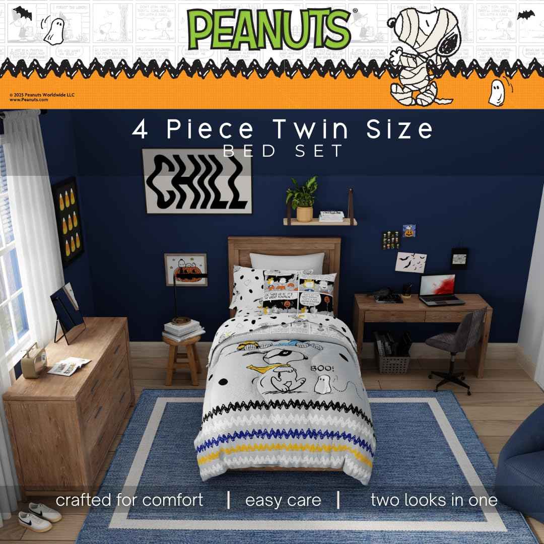 Franco Peanuts Snoopy Halloween Bedding Set, 4 Piece Super Soft Reversible Comforter and Sheet Set, Twin, (100% Officially Licensed Product) Collectibles