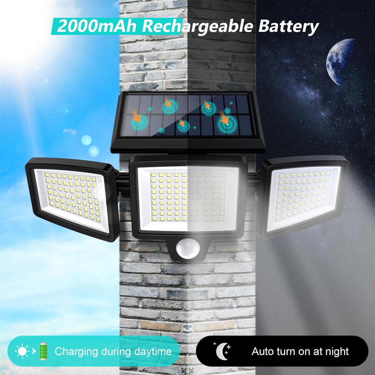 Solar Motion Sensor Outdoor Lights - 2500LM Bright LED Security Flood Light - Adjustable 3 Head Night Lighting Solar Powered IP65 Waterproof with Remote for Outside Garage Yard 🍁 All In One Marketplace Canada