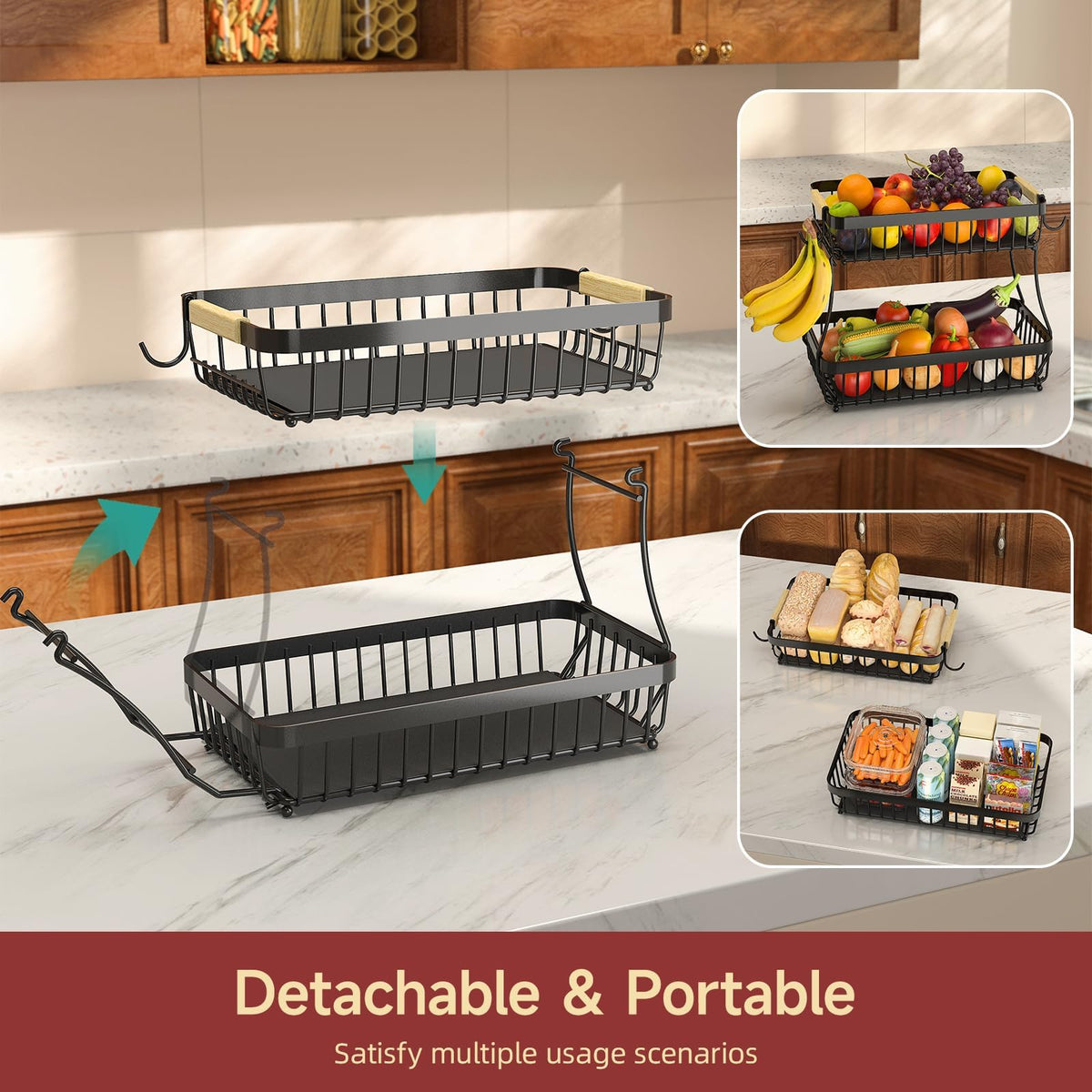 2 Tier Large Fruit Bowl for Kitchen Counter with 2 Banana Holders,2026 Sturdy Metal Fruit Basket with Protective Mats Keeping Fruits Fresh,Kitchen Organizers and Storage for Bread Potato Onion Storage 🍁 All In One Marketplace Canada