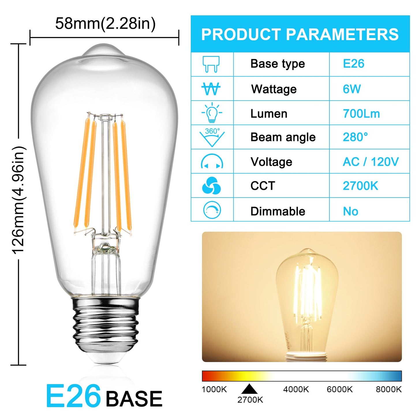 Ascher Vintage LED Edison Bulbs, 6W, Equivalent 60W, Non-Dimmable, High Brightness Warm White 2700K, ST58 Antique LED Filament Bulbs with 80+ CRI, E26 Medium Base, Clear Glass, Pack of 4 🍁 All In One Marketplace Canada