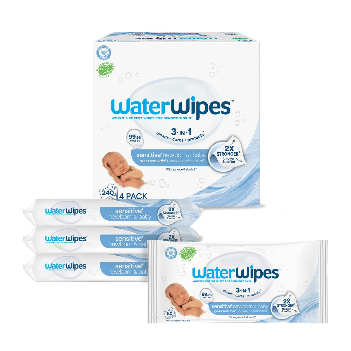 WaterWipes Plastic-Free Original Baby Wipes, 99.9% Water Based Wipes, Unscented & Hypoallergenic for Sensitive Skin, 240 Count (4 packs), Packaging May Vary 🍁 All In One Marketplace Canada
