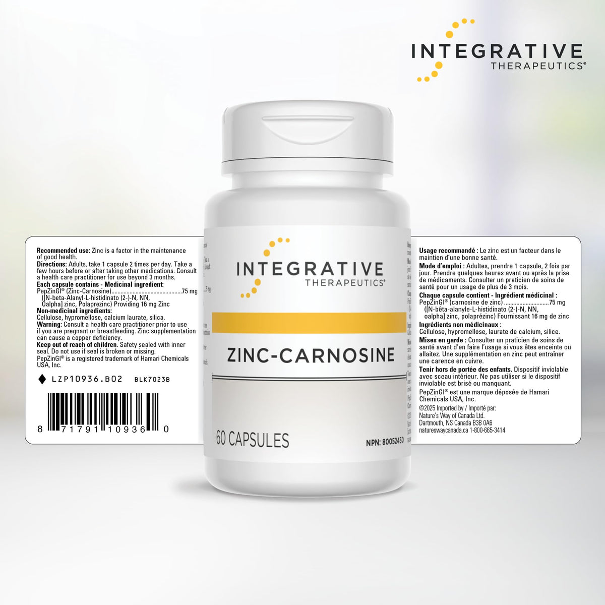 Integrative Therapeutics Zinc Carnosine – Premium Zinc Supplement – 75mg of Zinc Carnosine – Factor in the Maintenance of Good Health - PepZin GI – 60 Capsules 🍁 All In One Marketplace Canada