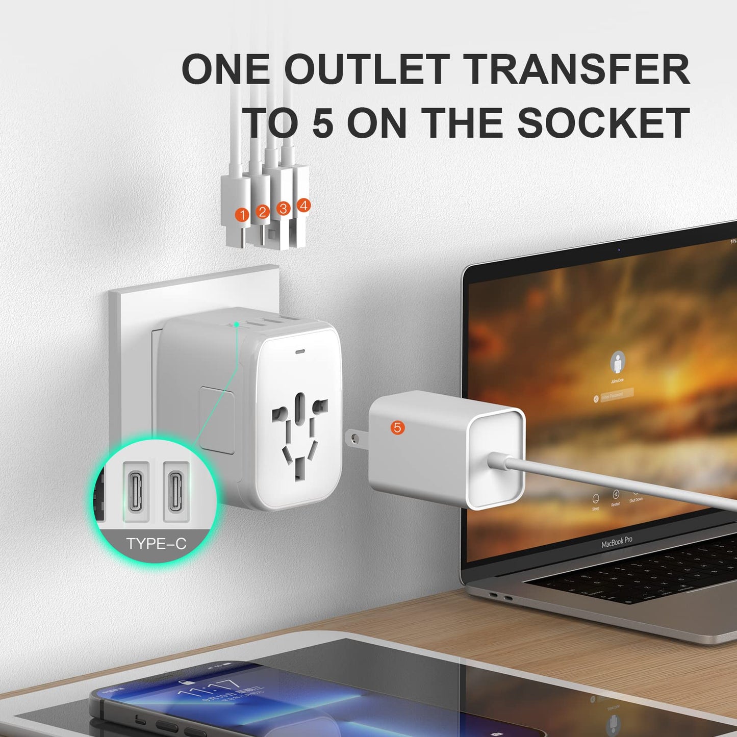 VYLEE Universal International Power Travel Plug Adapter, 5 in 1 European Travel Plug Adapter W/ 3.5A 2xUSB-A and 2xUSB C Wall Charger and Worldwide AC Outlet for Europe USA UK AUS Asia (White) 🍁 All In One Marketplace Canada