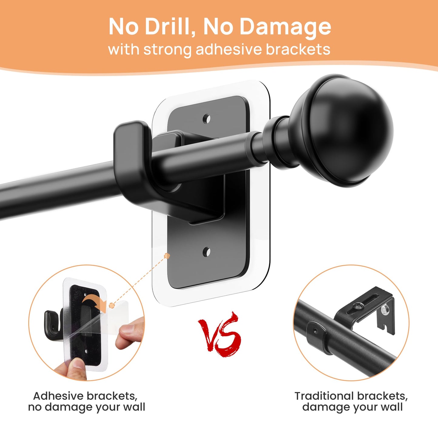 upsimples No Drill Curtain Rods for Window 28 to 48 Inches, 5/8 Inch Diameter Renter Friendly Drapery Rod with Adhesive Brackets without Drilling, Adjustable from 27 to 52 Inches, Black 🍁 All In One Marketplace Canada