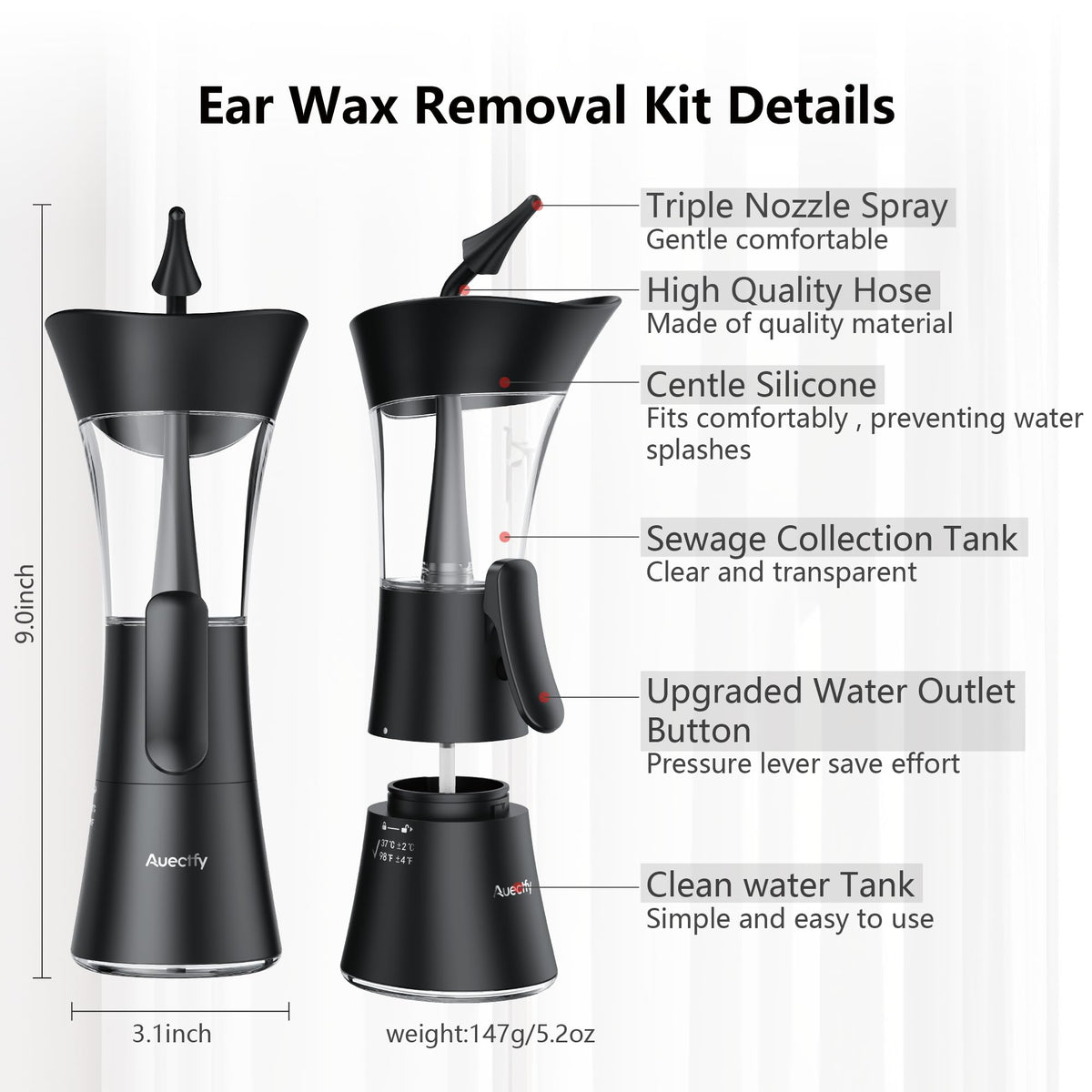 Manual Ear Wax Removal Kit - One-Hand Control Ear Cleaner Tool, Easy to Use Ear Irrigation Flushing System with Soft Silicone Tip for Effective & Safe to Clean Ear Built Up Wax Home Use(Black) 🍁 All In One Marketplace Canada