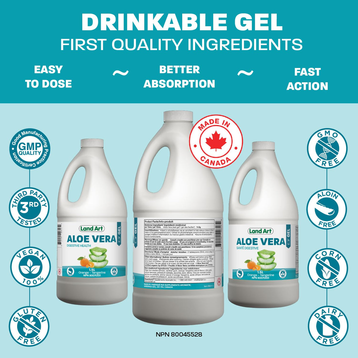 Aloe Vera Drinkable Gel, Orange, Heartburn & Acid Reflux, 1,5 L 🍁 All In One Marketplace Canada