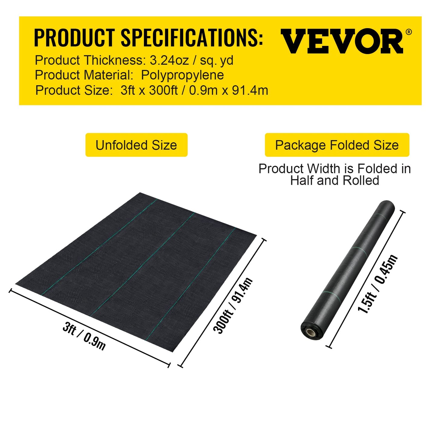 VEVOR 3FTx300FT Premium Weed Barrier Fabric Heavy Duty 3OZ, Woven Weed Control Fabric, High Permeability Good for Flower Bed, Geotextile Fabric for Underlayment, Polyethylene Ground Cover 🍁 All In One Marketplace Canada