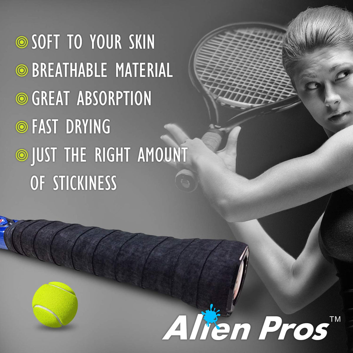 Alien Pros Tennis Racket Grip Tape (6 Grips) – Precut and Dry Feel Tennis Grip – Tennis Overgrip Grip Tape Tennis Racket – Wrap Your Racquet for High Performance (6 Grips, Black) 🍁 All In One Marketplace Canada