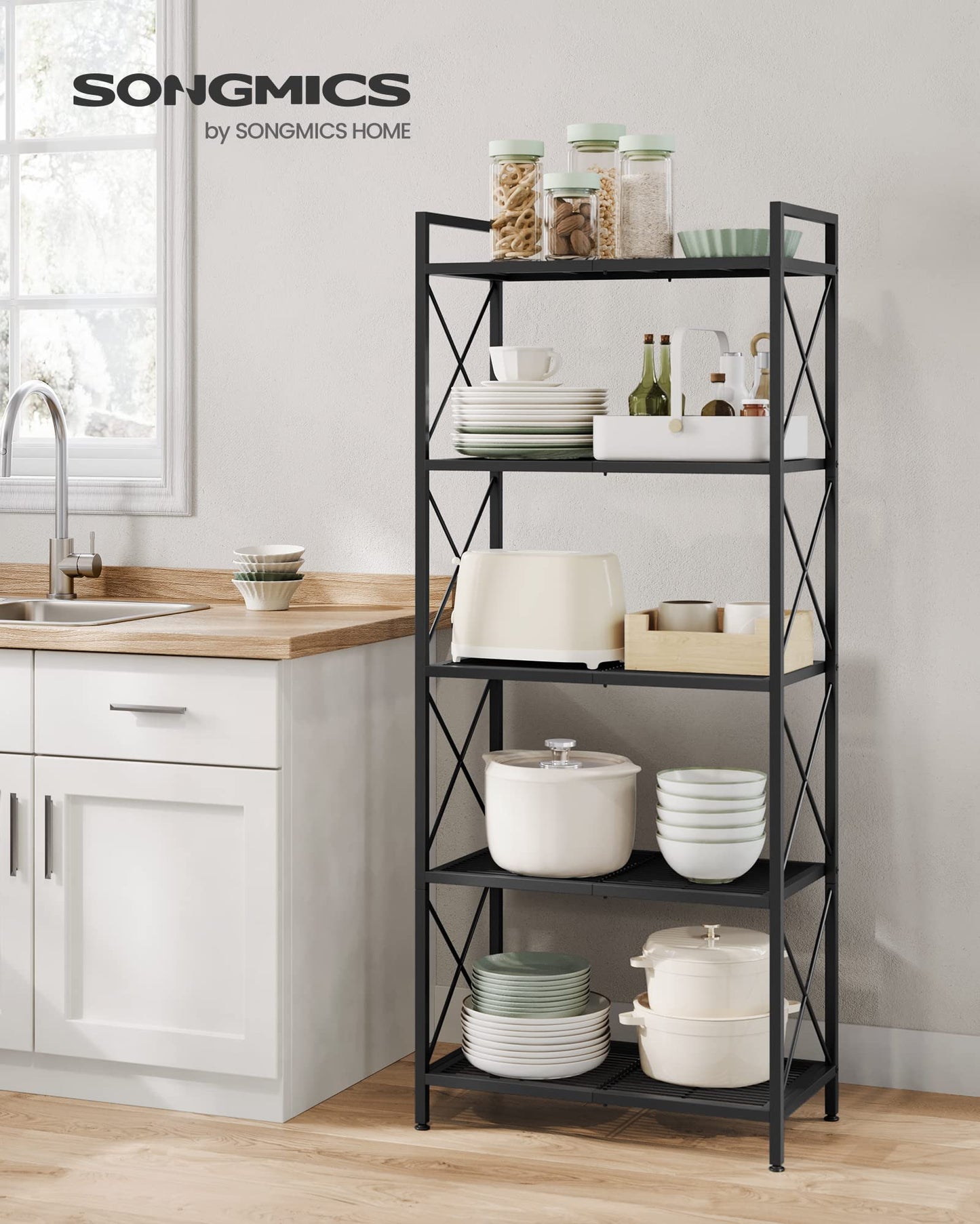 SONGMICS 5-Tier Metal Storage Rack, Shelving Unit with X Side Frames, Dense Mesh, 12.6 x 23.6 x 57.3 Inches, for Entryway, Kitchen, Living Room, Bathroom, Industrial Style, Ink Black UBSC165B01 🍁 All In One Marketplace Canada