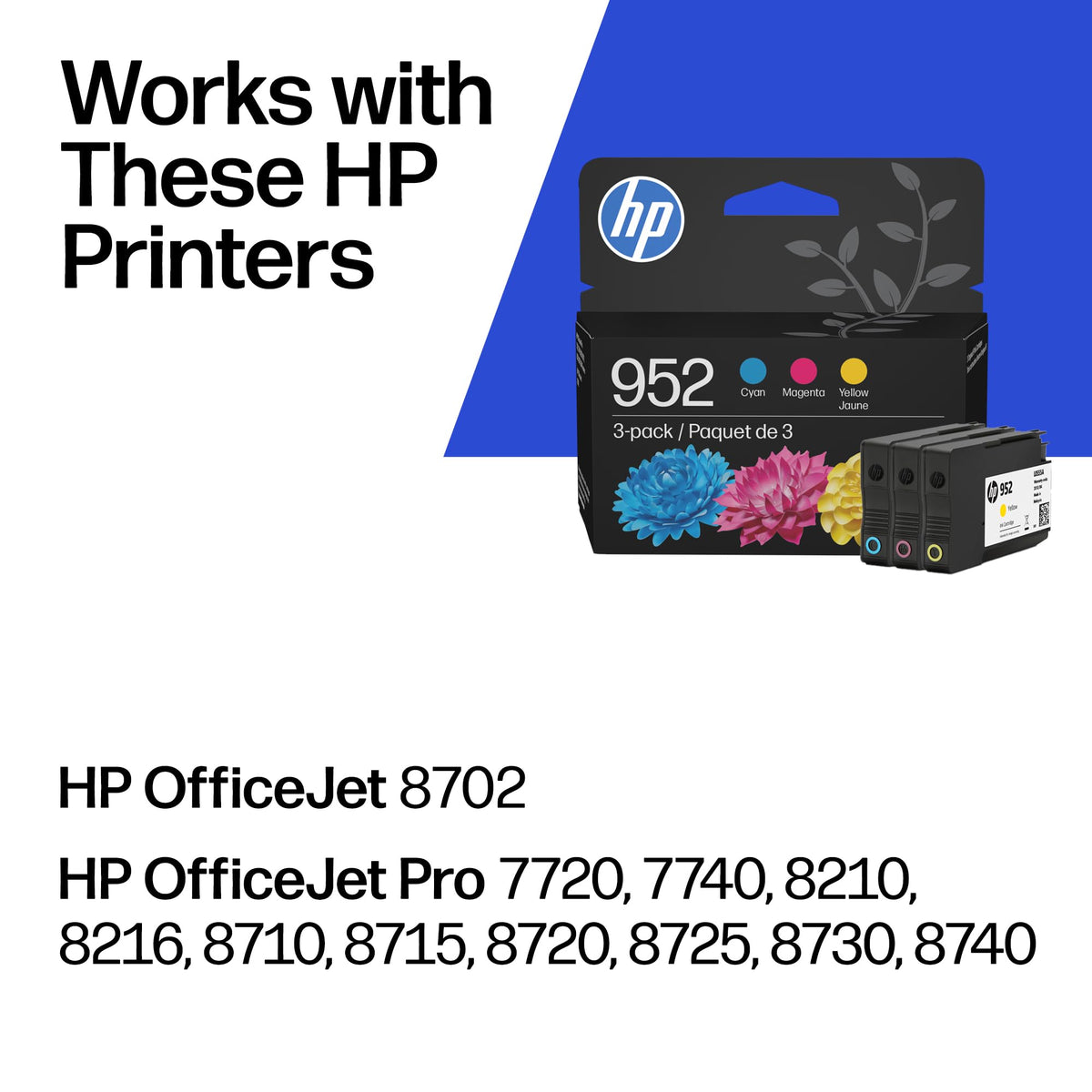 Original HP 952 Cyan, Magenta, Yellow Ink Cartridges (3-Pack) | Works with HP OfficeJet 8702, HP OfficeJet Pro 7720, 7740, 8210, 8710, 8720, 8730, 8740 Series | Eligible for Instant Ink | N9K27AN 🍁 All In One Marketplace Canada