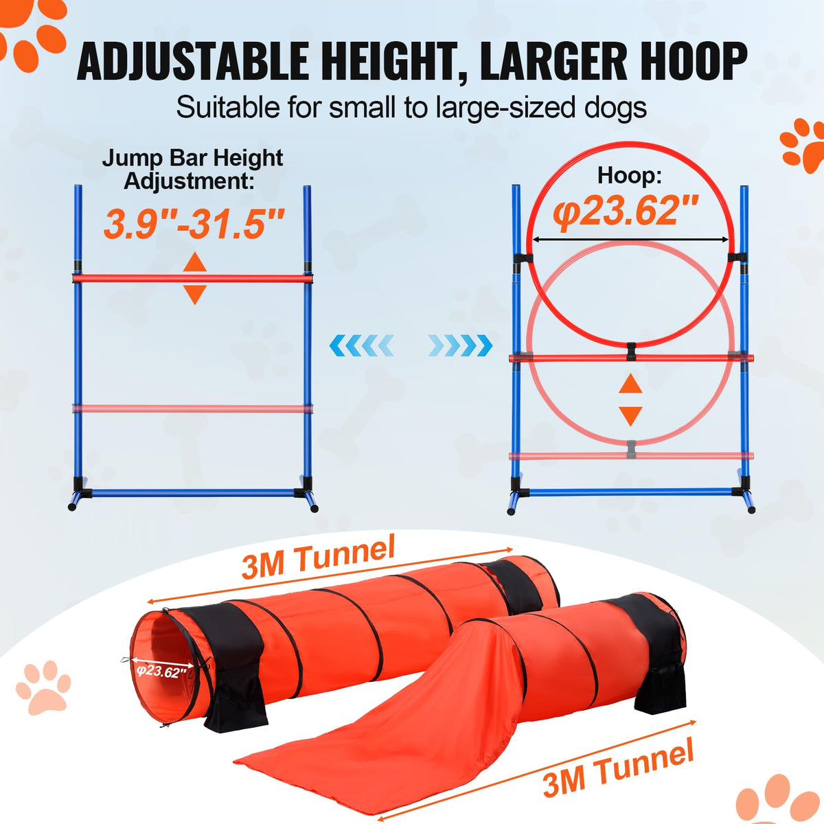 VEVOR Dog Agility Training Equipment, 7 PCS Set Upgrade w/Adjustable High Hurdles,6 Weave Poles,2 Tunnels,Jump Ring,Pause Box, Whistle,Foldable Bowl,Puppy Obstacle Course Kit w/ 3 Bags 🍁 All In One Marketplace Canada