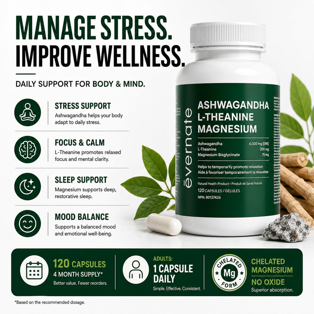 ALL-IN-ONE Ashwagandha 6000mg with L-Theanine 200mg & Magnesium Bisglycinate Chelated – Stress, Sleep, Mood, Calm & Relaxation Support – Non-GMO Vegan – 120 Capsules, 4 Month Supply – 1 Capsule Daily – Made in Canada 🍁 All In One Marketplace Canada