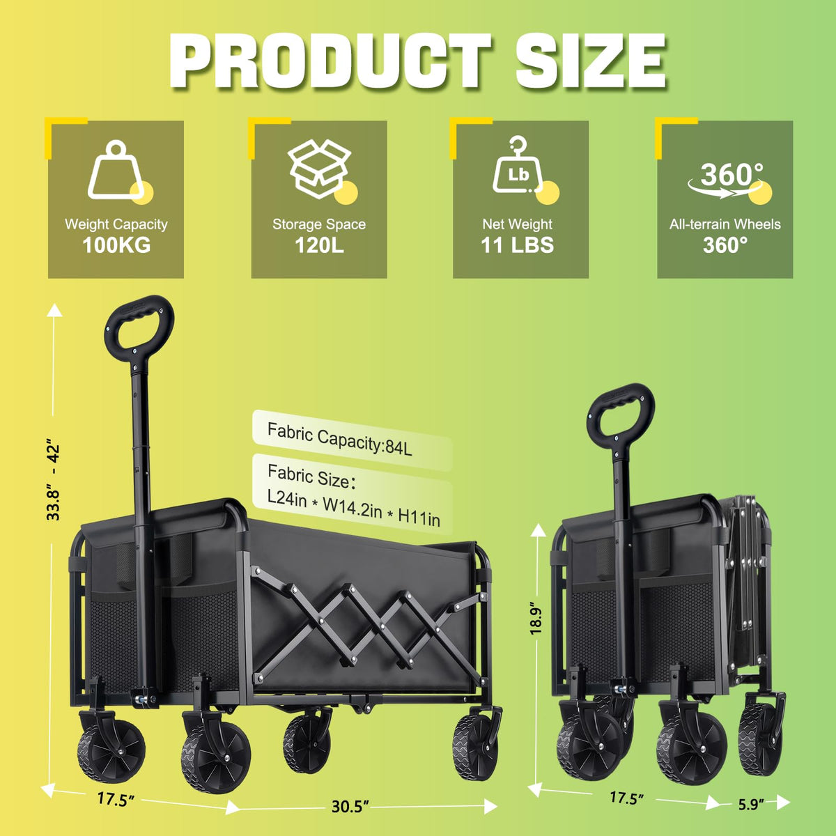 100KG Collapsible Foldable Wagon Carts - Heavy Duty Portable Folding Utility Wagons with All-Terrain Wheels for Grocery Sports Shopping Camping Garden Beach, 2 Drink Holders/Lightweight/Black 🍁 All In One Marketplace Canada