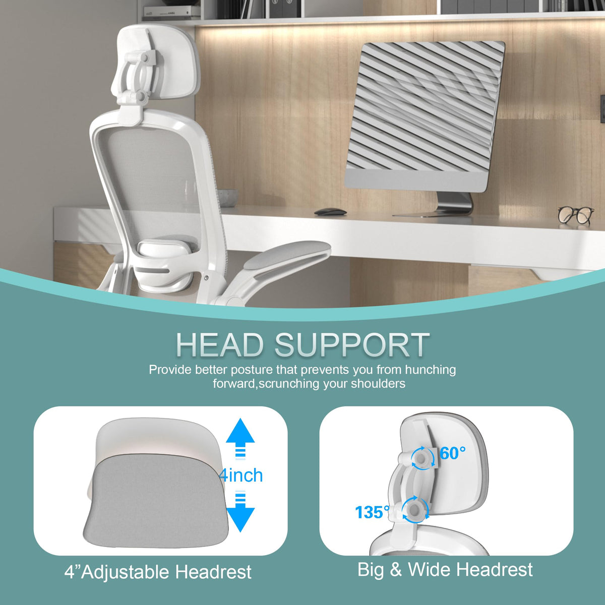 Mimoglad Office Chair, Comfy Desk Chair - High Back Ergonomic Computer Chair with Adjustable Lumbar Support & Headrest, Flip-up Armrests for Guitar Playing (Moon Grey) 🍁 All In One Marketplace Canada