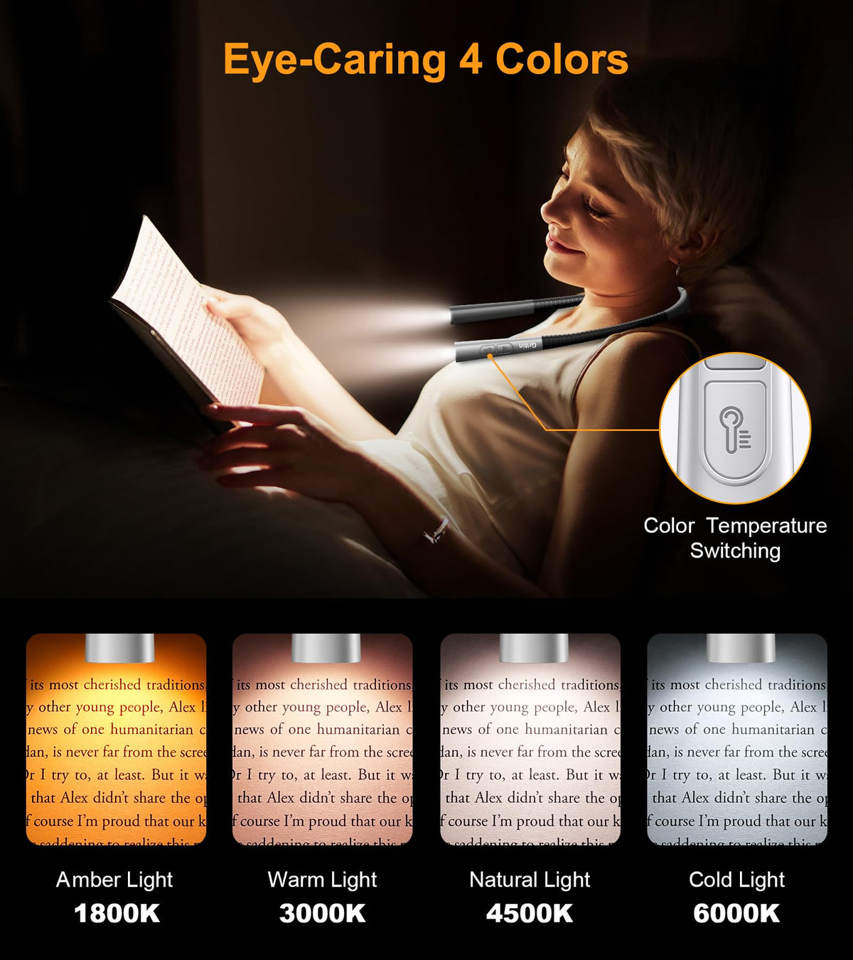 Gritin Rechargeable Book Light, Eye Caring Neck Reading Light 4-Color&5-Brightness, Stepless Dimming, 30-min Timer, 80H+ Runtime, Bendable Round Neck Design, Lightweight for Reading,Knitting,Repairing 🍁 All In One Marketplace Canada