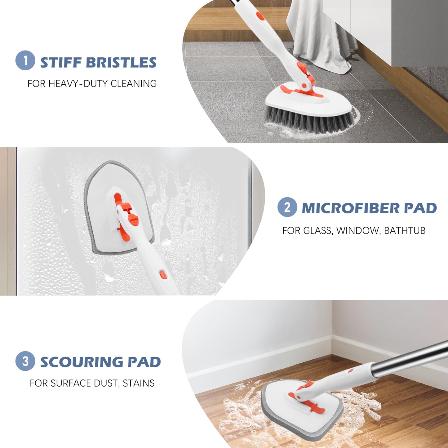 Setsail Floor Scrub Brush, 3-In-1 Tile Tub Floor Scrubber with 52-inch Adjustable Long Handle Shower Cleaner Brush and 3 Detachable Replacement Brush Heads for Cleaning Bathroom Kitchen Walls Tub Tile 🍁 All In One Marketplace Canada
