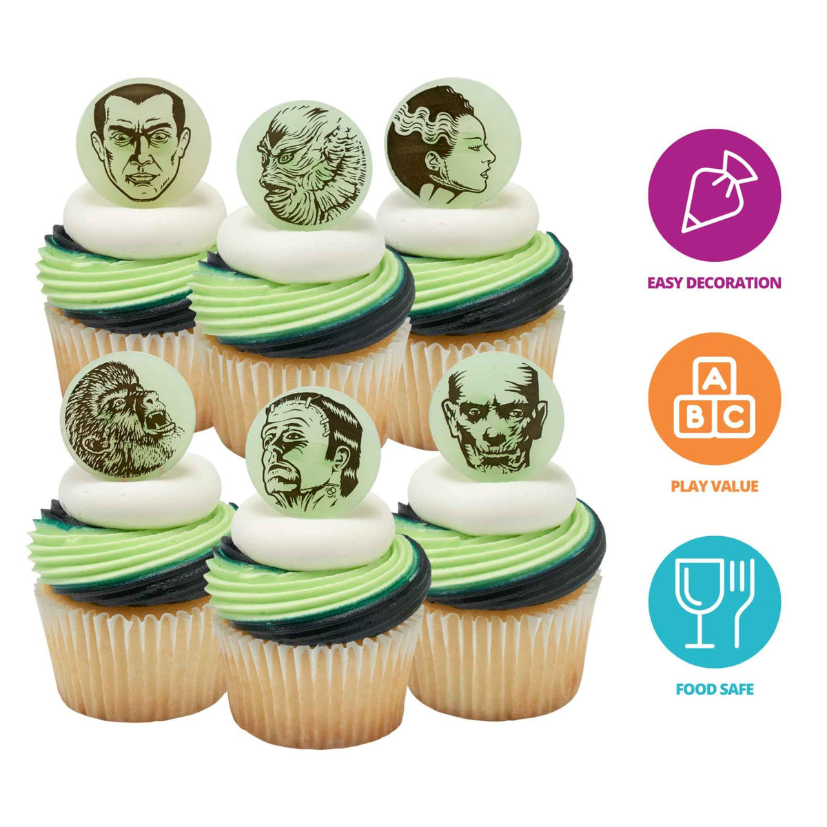 24 Universal Monsters Glow In The Dark Cupcake Rings, Halloween Cupcake Decorations, Including Dracula, Frankenstein, Wolf Man, The Mummy, Invisible Man, Food Safe Cupcake Toppers – 24 Pack