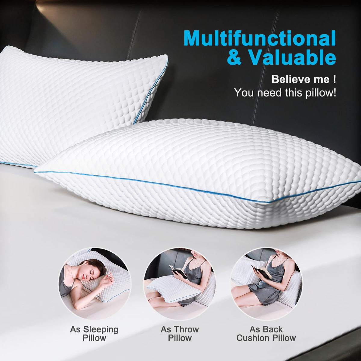 VVZ Cooling Shredded Memory Foam Pillows Queen Size 2 Pack, Adjustable Firm Bed Pillows for Side Back Stomach Sleepers, Luxury Gel Pillow for Hot Sleepers with Breathable Washable Cover 🍁 All In One Marketplace Canada