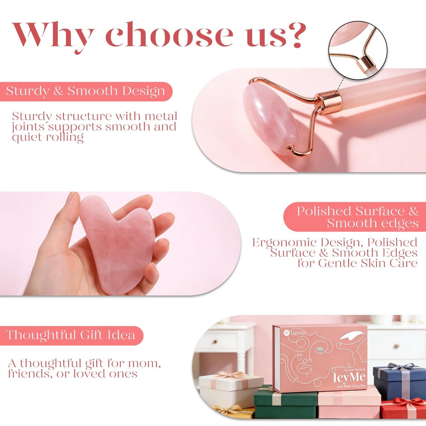 BAIMEI IcyMe Rose Quartz Roller & Gua Sha Set, Cooling Face Roller for Depuffing & Lymphatic Massage, Sculpting Tool for Face, Eyes & Neck, Smooth Skincare Gift for Women and Men 🍁 All In One Marketplace Canada
