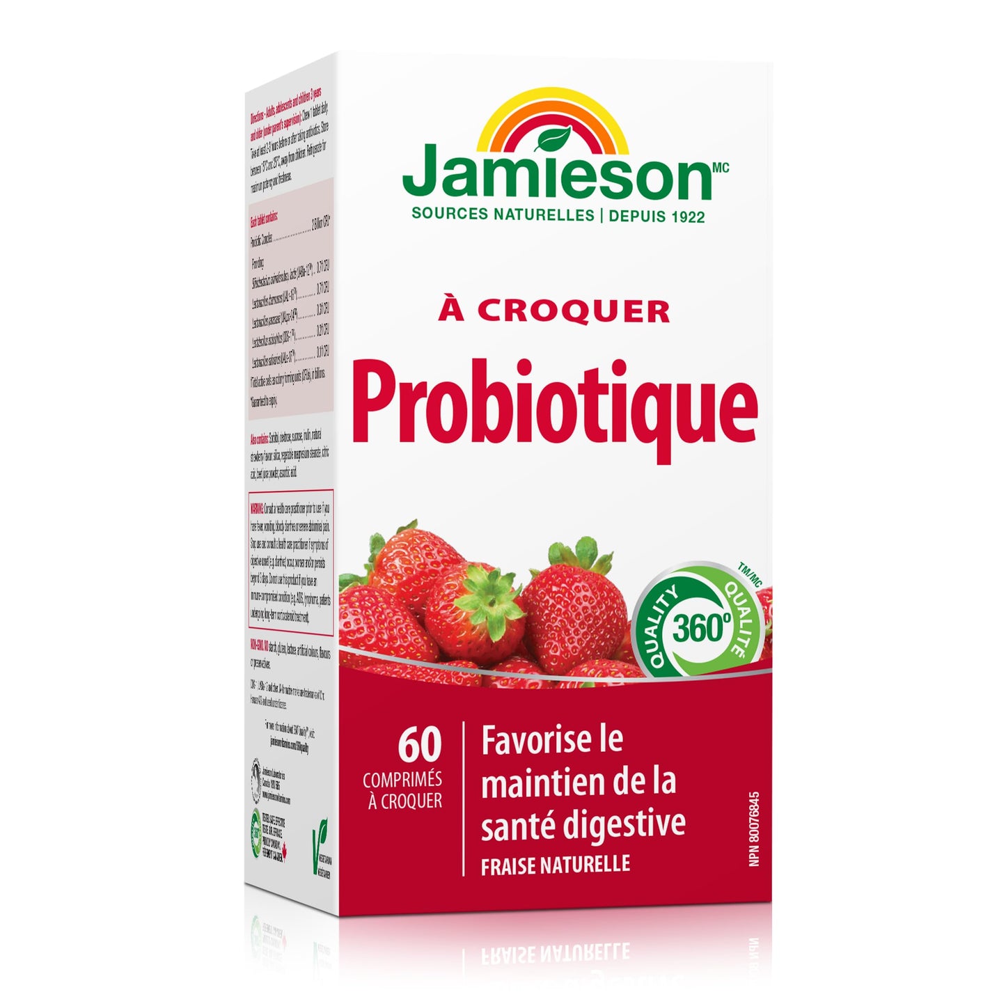 Jamieson Chewable Probiotic 2 Billion Active Cells Natural Strawberry Flavour, Family Friendly (3+), Supports Digestive Health. 5 Unique Strains, Including Lactobacillus and Bifidobacterium, Non-GMO, No Artificial Colours, Flavours, or Preservatives, 60 C