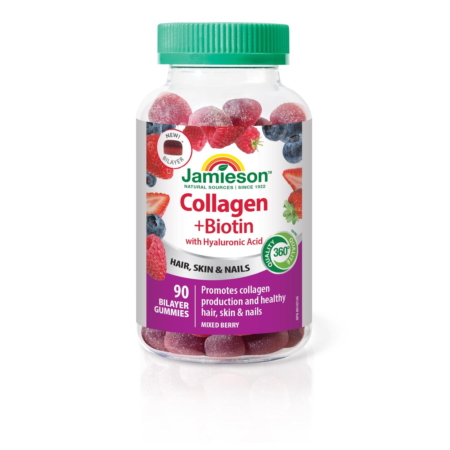 Jamieson Collagen and Biotin Bilayer Gummy with Hyaluronic Acid and Vitamin C, Mixed Berry Flavour, Healthy Hair, Skin & Nails, Supports Collagen Production, Source of Antioxidants, Beauty Gummy, NON-GMO, No Gluten, No Lactose, No Artificial Colours, Flav