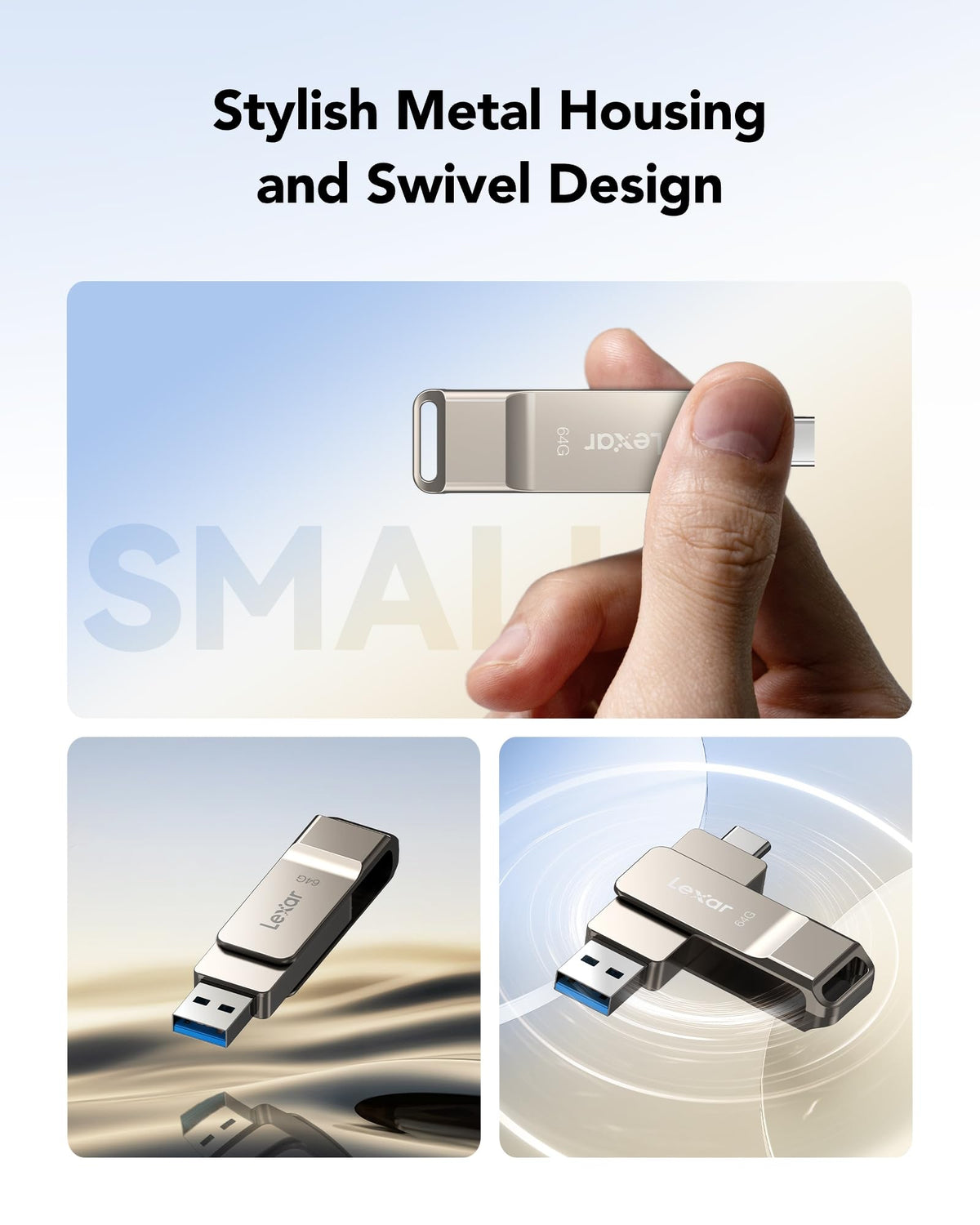 Lexar D40E 64GB Dual USB 3.2 Gen 1 Type-C Jump Drive, USB-C Flash Metal Housing Swivel Design Thumb Drive (Champagne Silver) 🍁 All In One Marketplace Canada