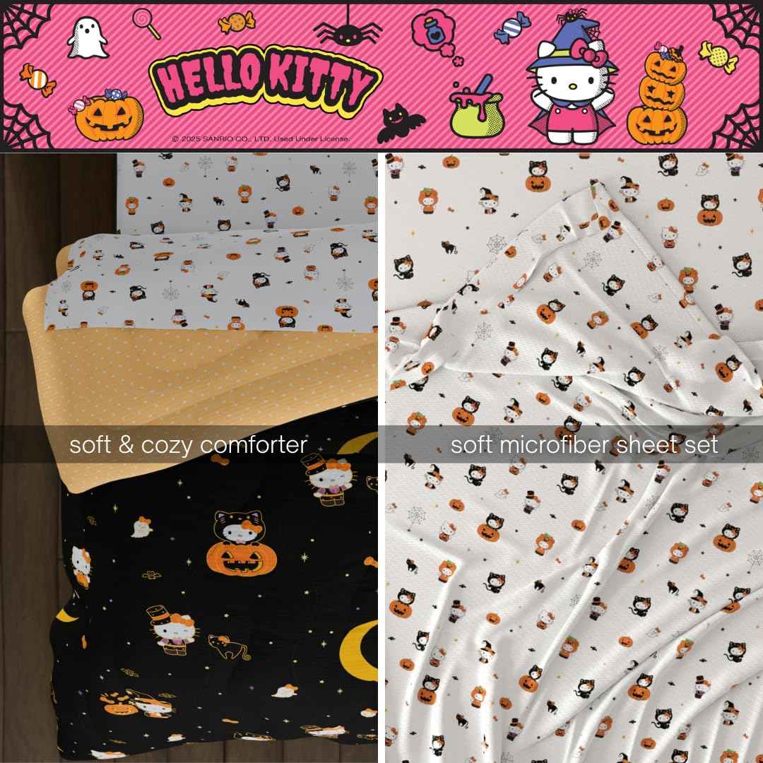 Sanrio Hello Kitty Halloween Pumpkin Full Bed Set – Super Soft & Cozy 5 Piece Reversible Comforter and Sheet Set (Officially Licensed Product) by Franco