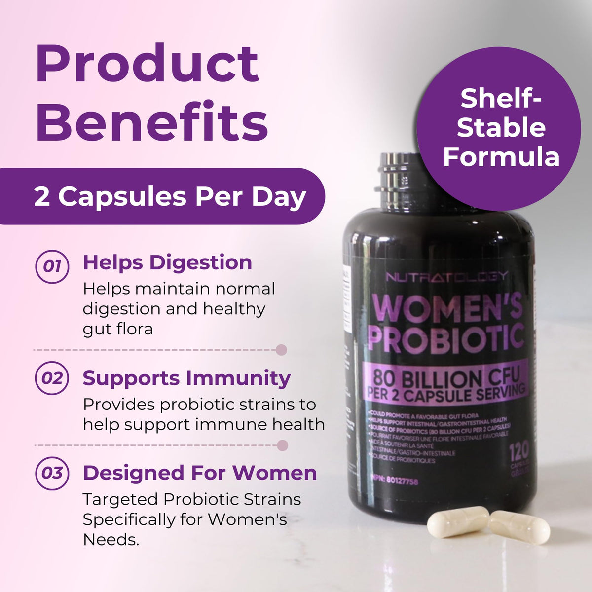 Nutratology® Probiotics for Women | Canadian-Made | 40 Billion CFUs Per Capsule | 80 Billion CFUs Per Serving - Bloating Relief & Digestion - 4 Strains of Women's Probiotic for Gut Health -120 Count 🍁 All In One Marketplace Canada