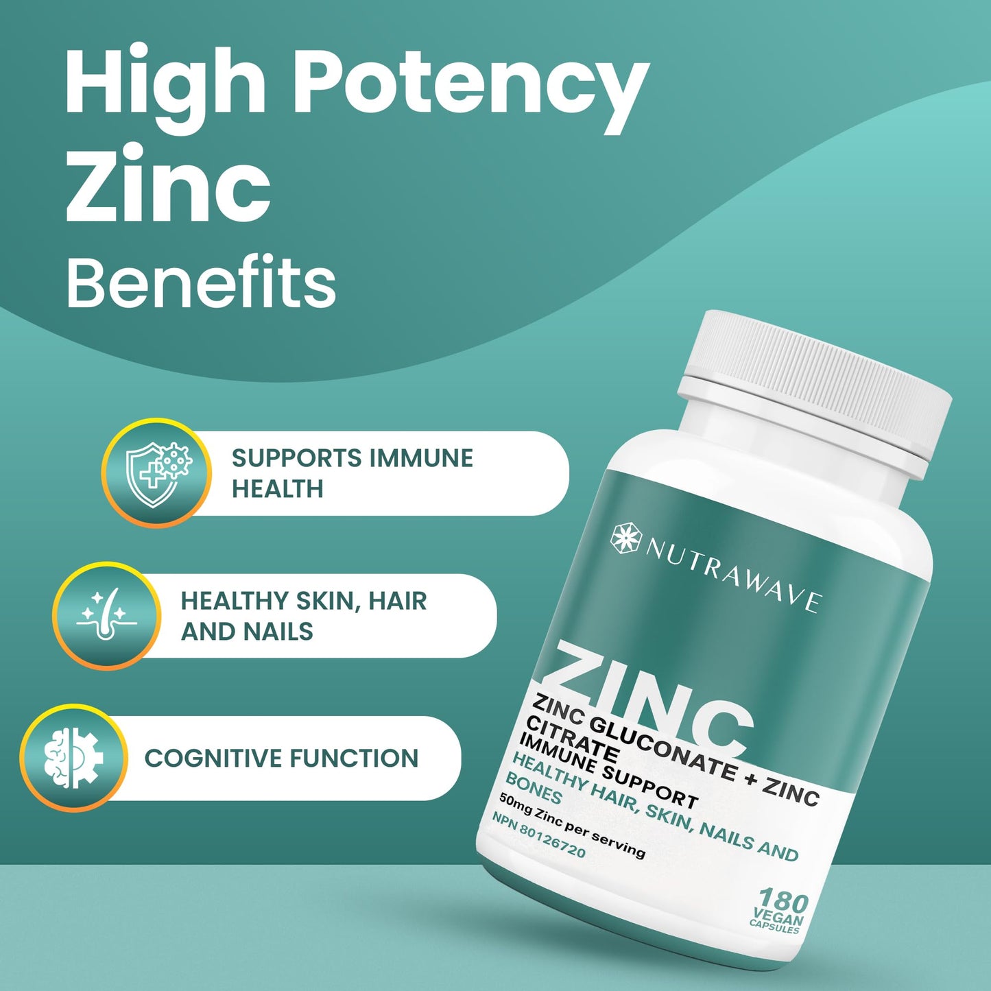 Nutrawave 2-IN-1 Zinc Supplements, High Absorption Formula 50 mg Zinc Gluconate + Zinc Citrate Chelated Stomach-Friendly Immune Booster, Healthy Skin, Hair, Nails & Bones, For Men & Women, Vegan, 6-Month Supply 🍁 All In One Marketplace Canada